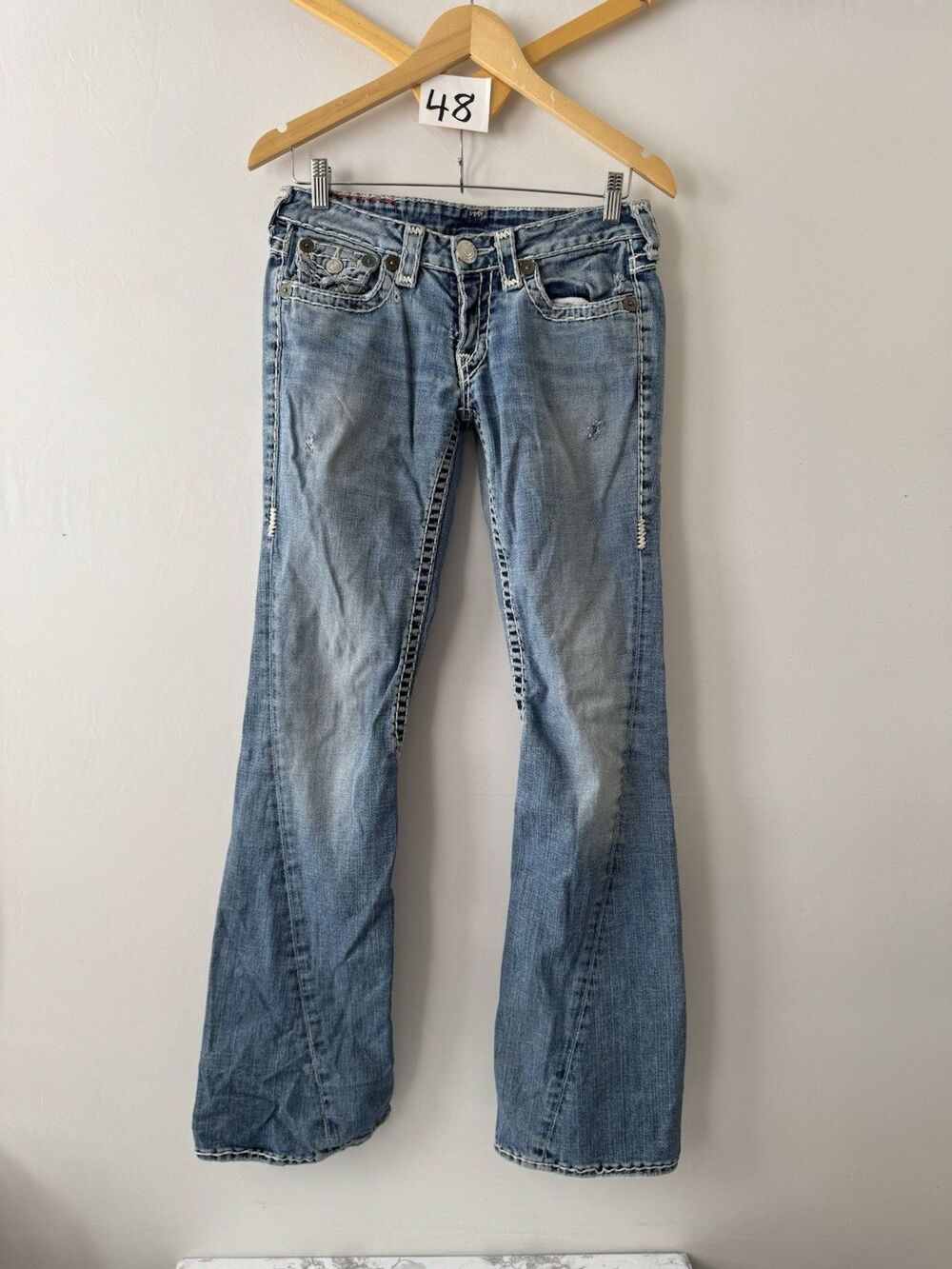 True Religion Joey Super T Jeans Womens 28Low Rise Flare Y2K Made USA Distressed - Picture 2 of 16